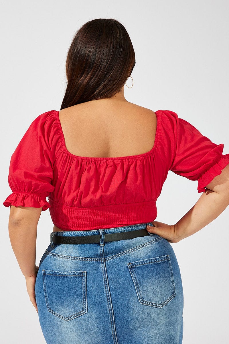 Red Crop Top Short Sleeve Cut Out Shirred - Image 5