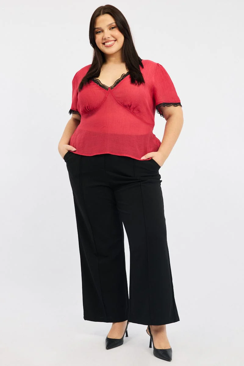 Red Crop Top short sleeve Lace Trim - Image 2