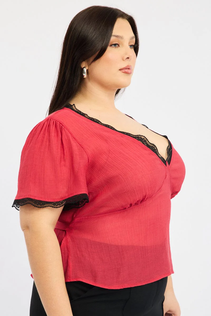 Red Crop Top short sleeve Lace Trim - Image 3