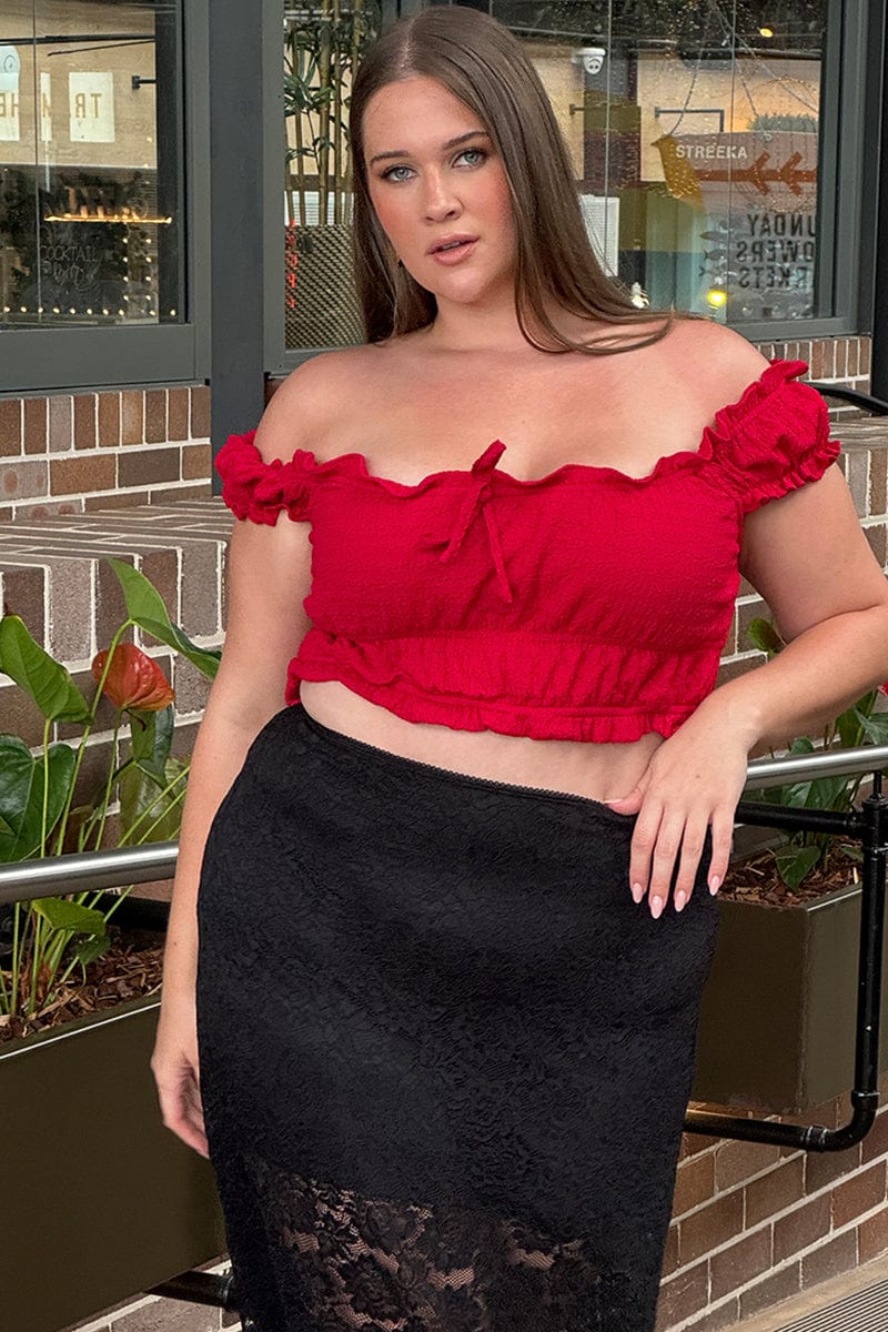 Red Crop Top Short Sleeve Ruched Bust