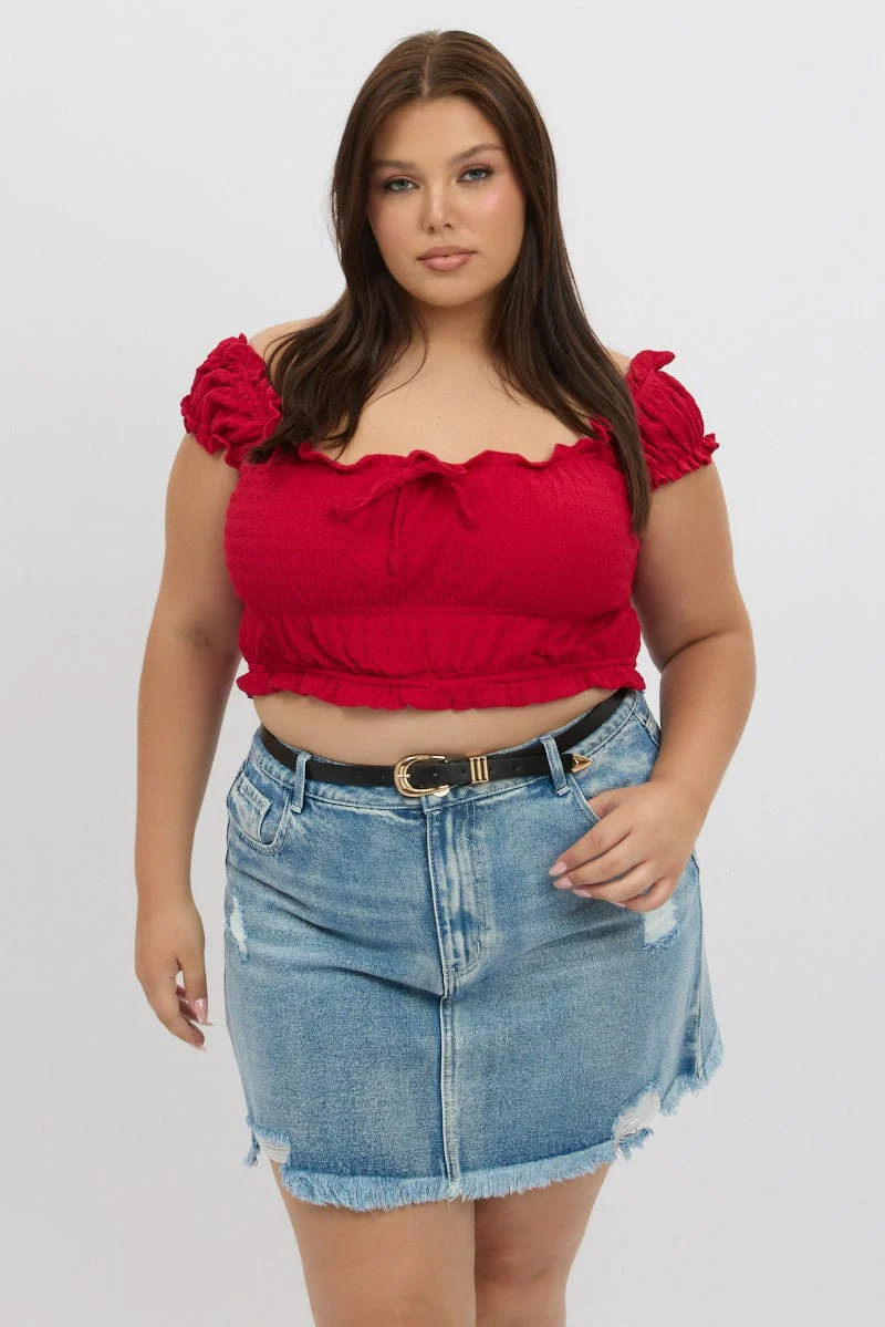 Red Crop Top Short Sleeve Ruched Bust - Image 2