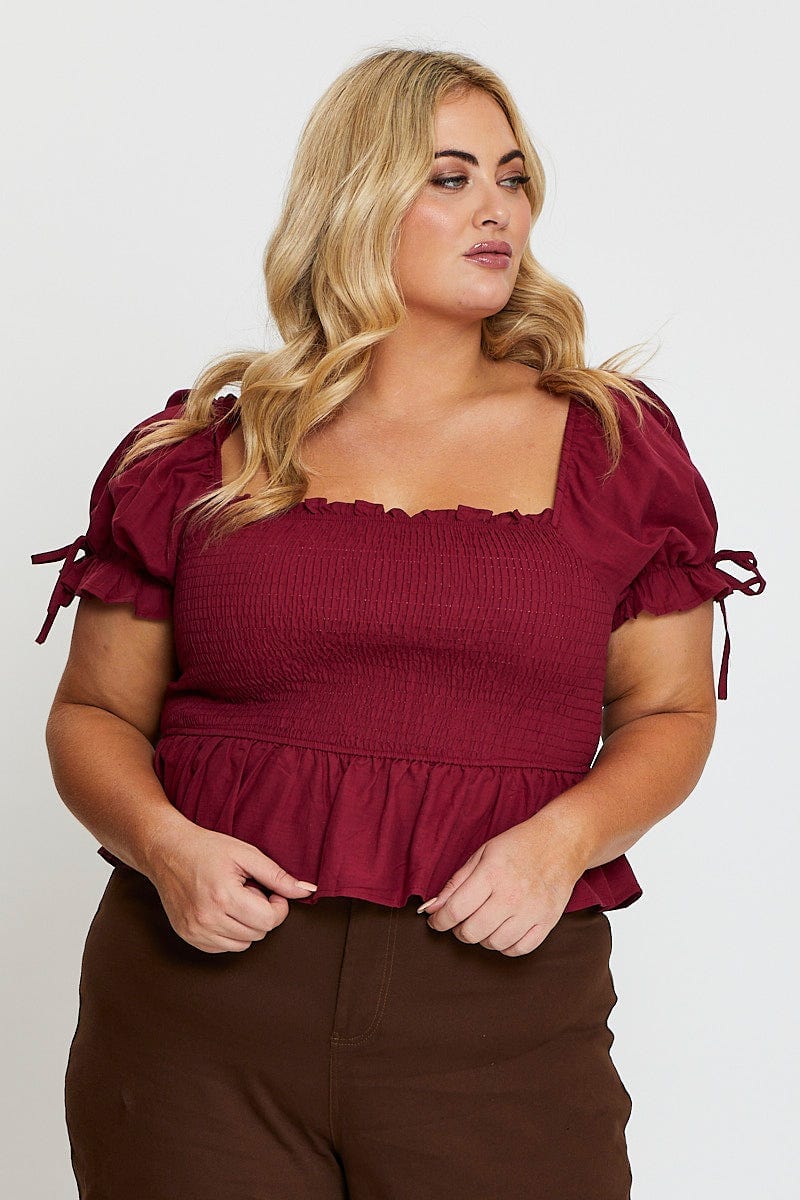Red Crop Top Short Sleeve Tie Front - Image 3