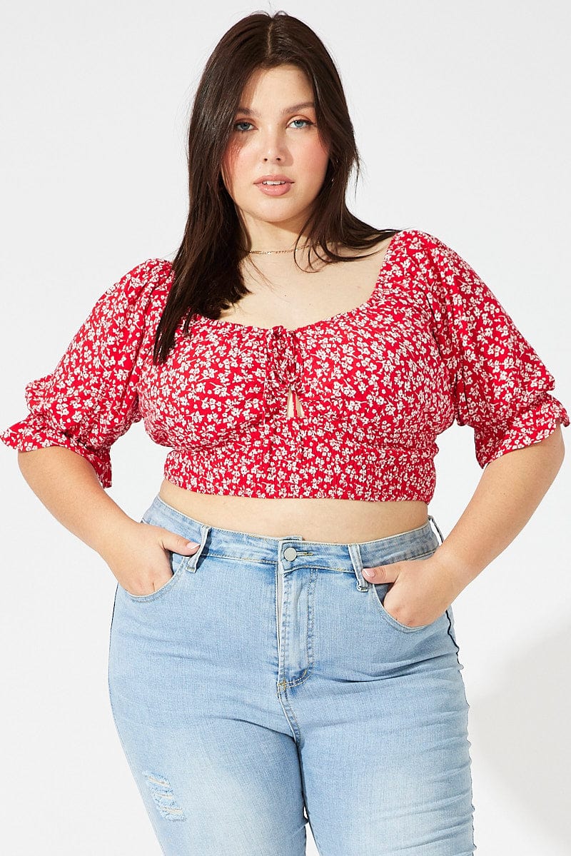 Red Ditsy Crop Top Short Sleeve Cut Out - Image 2