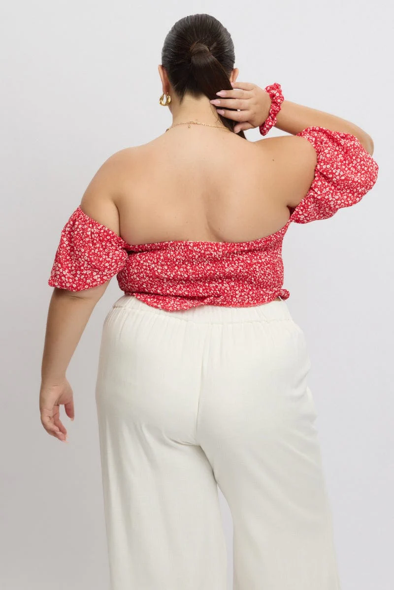 Red Ditsy Crop Top Short Sleeve Ruched Bust - Image 5