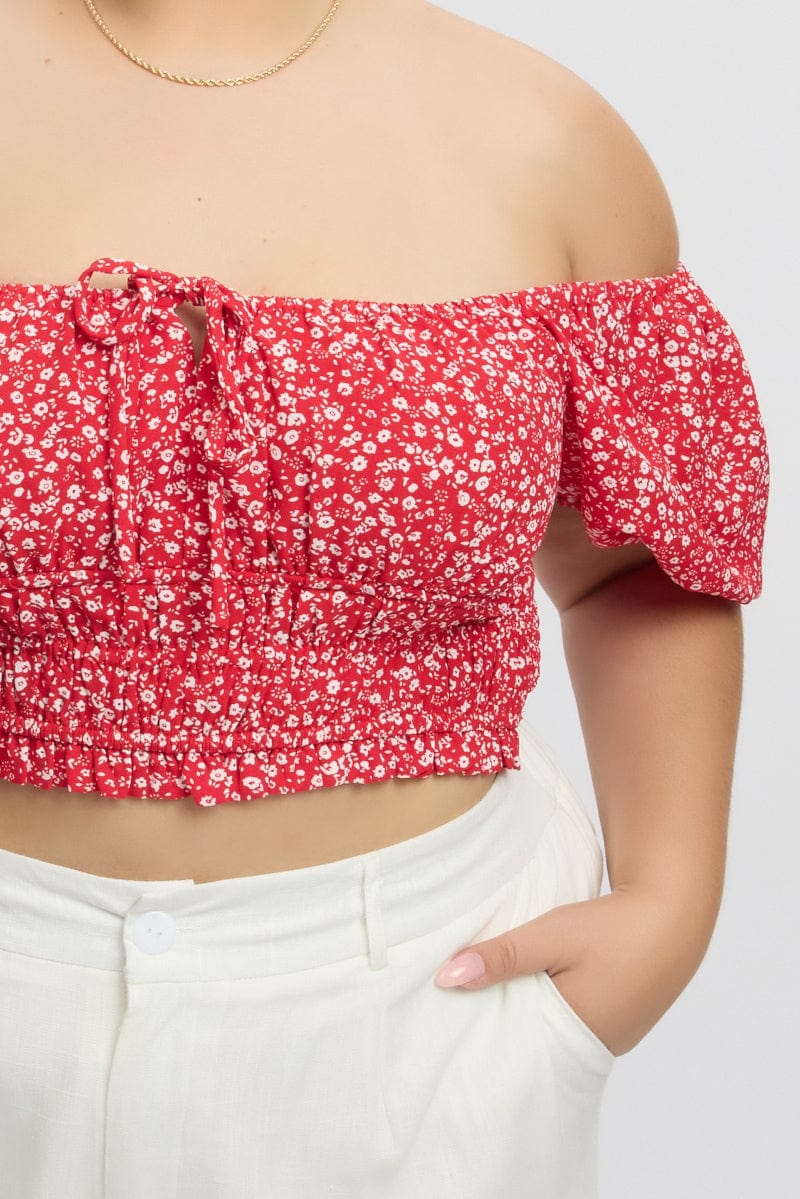 Red Ditsy Crop Top Short Sleeve Ruched Bust - Image 6