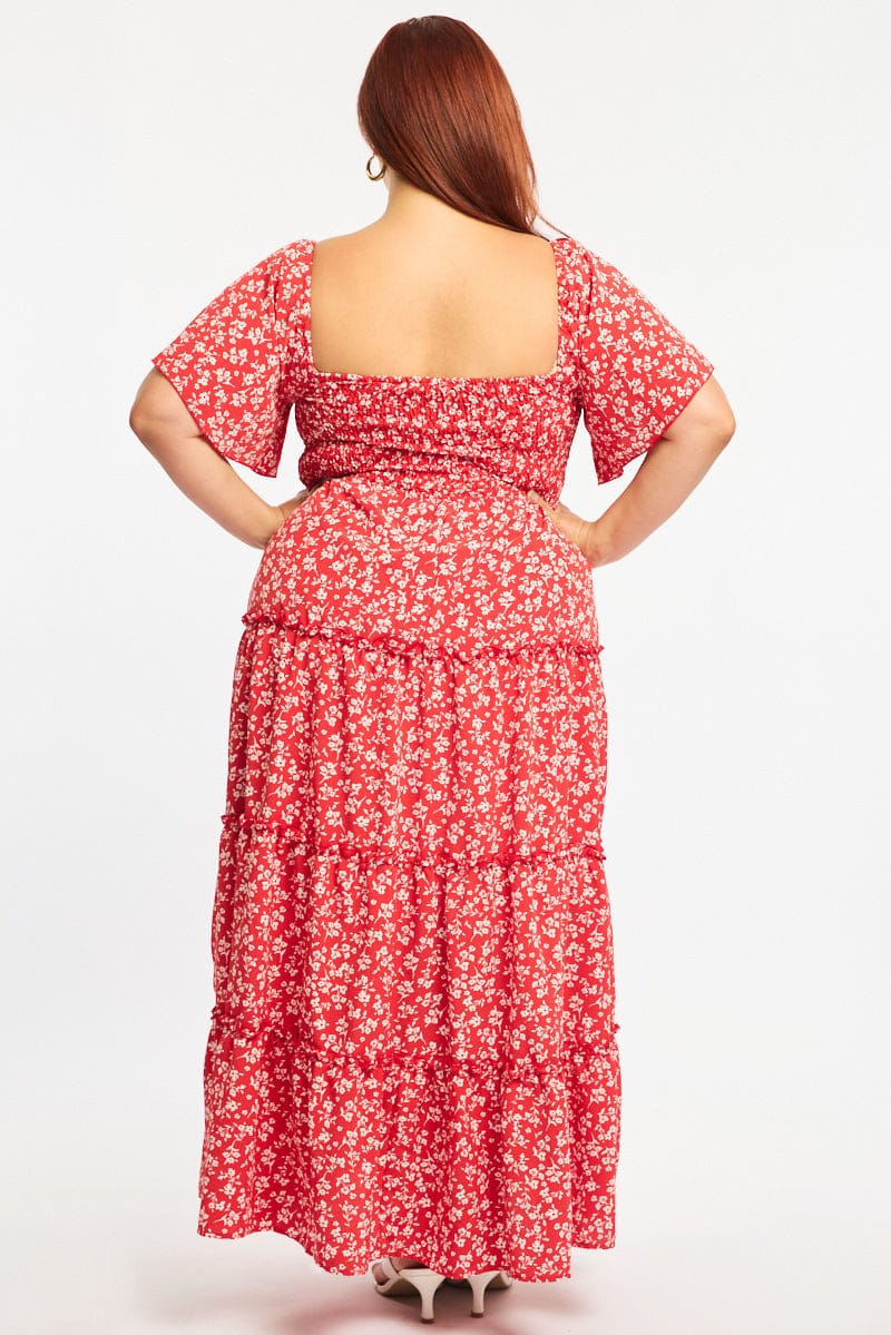 Red Ditsy Maxi Dress Short Sleeve Ruched Bust - Image 4