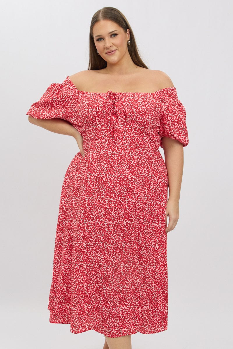 Red Ditsy Midi Dress Short Sleeve Ruched Bust - Image 2