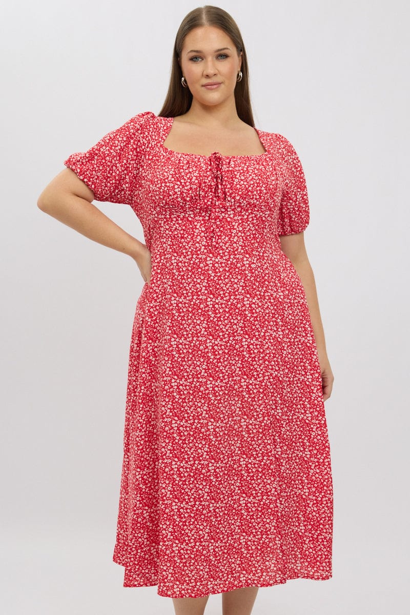 Red Ditsy Midi Dress Short Sleeve Ruched Bust - Image 3
