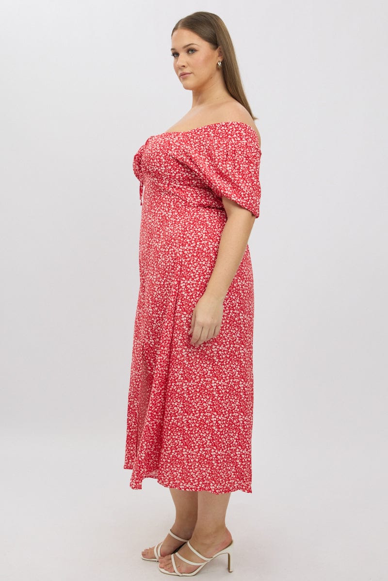 Red Ditsy Midi Dress Short Sleeve Ruched Bust - Image 4