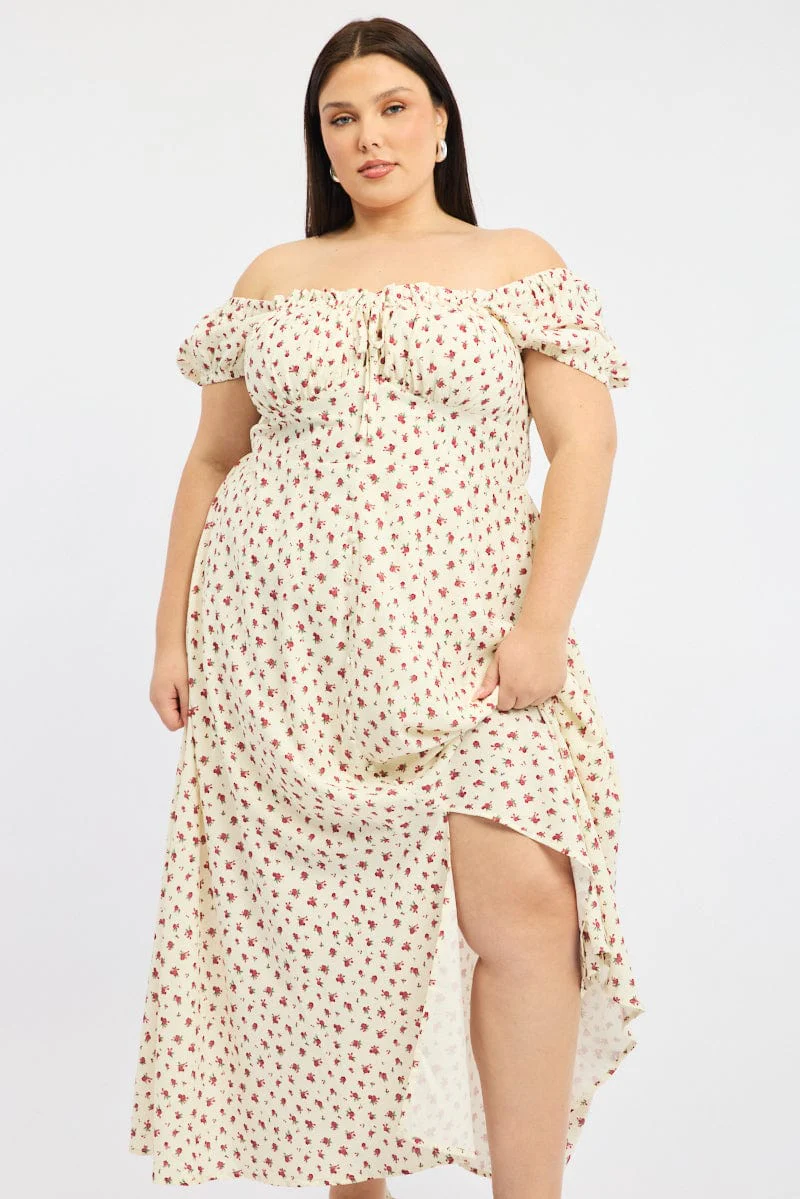Red Ditsy Midi Dress Short Sleeve Ruched Bust