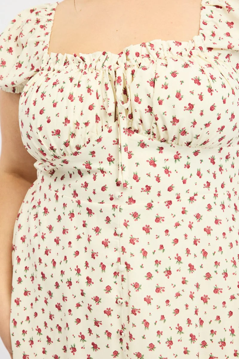 Red Ditsy Midi Dress Short Sleeve Ruched Bust - Image 5