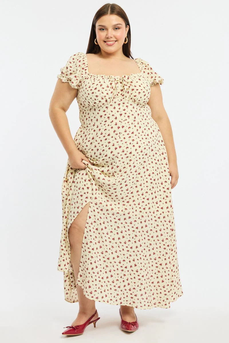 Red Ditsy Midi Dress Short Sleeve Ruched Bust