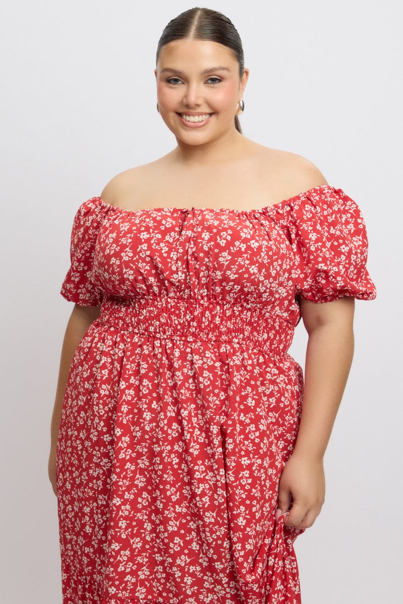 Red Ditsy Midi Dress Short Sleeve Ruched Bust - Image 2