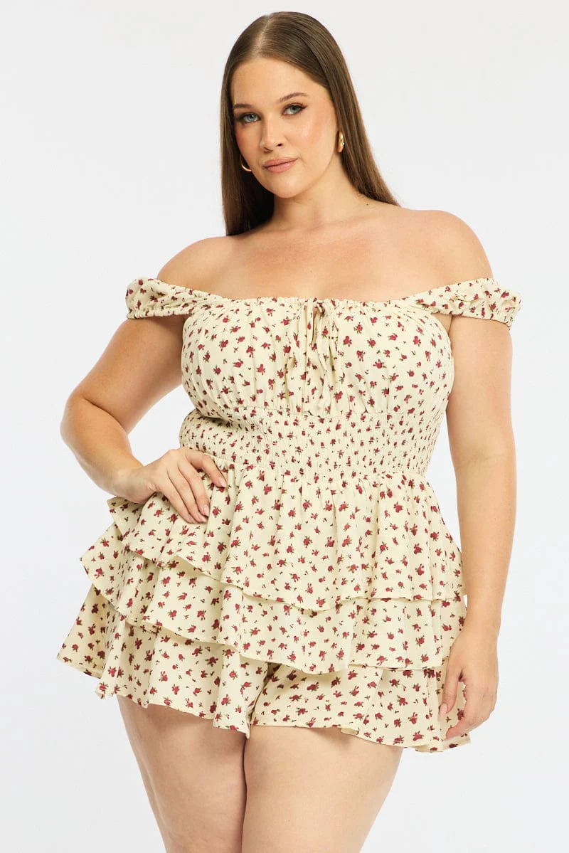 Red Ditsy Playsuit Short Sleeve Ruffle