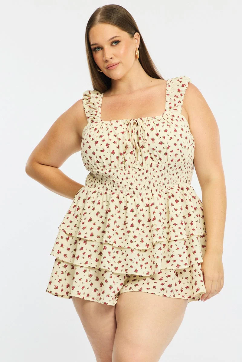 Red Ditsy Playsuit Short Sleeve Ruffle - Image 3