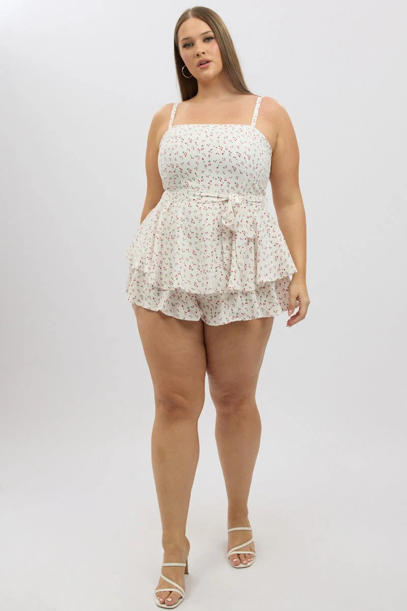 Red Ditsy Ruffle Playsuit Sleeveless Waist Tie - Image 2