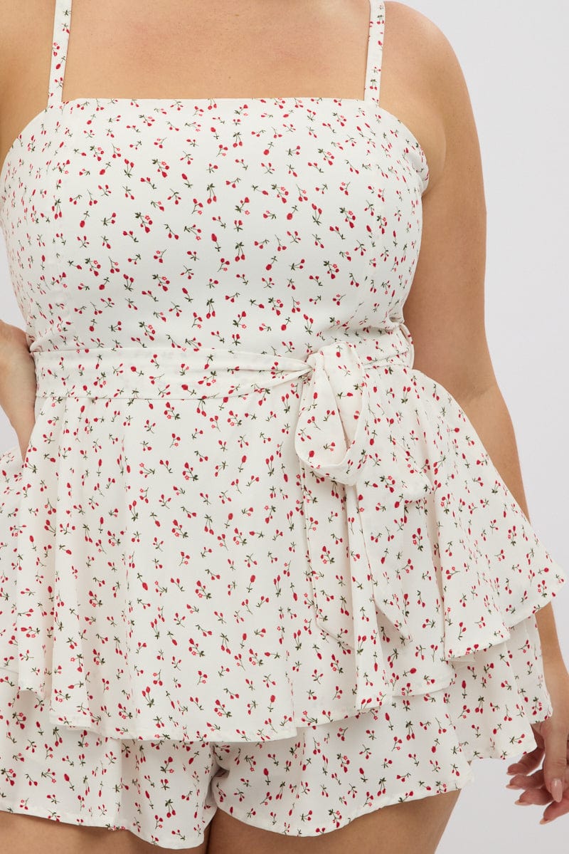 Red Ditsy Ruffle Playsuit Sleeveless Waist Tie - Image 6