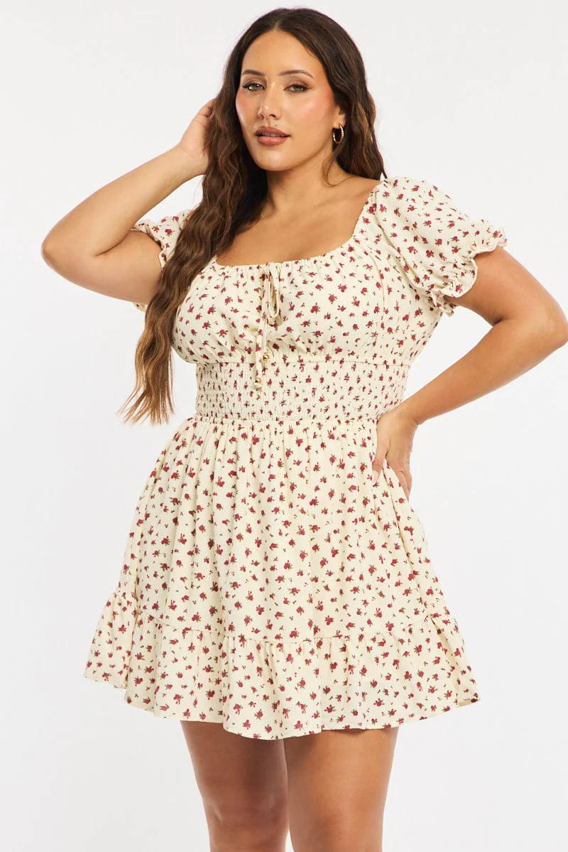 Red Ditsy Skater Dress Short Sleeve