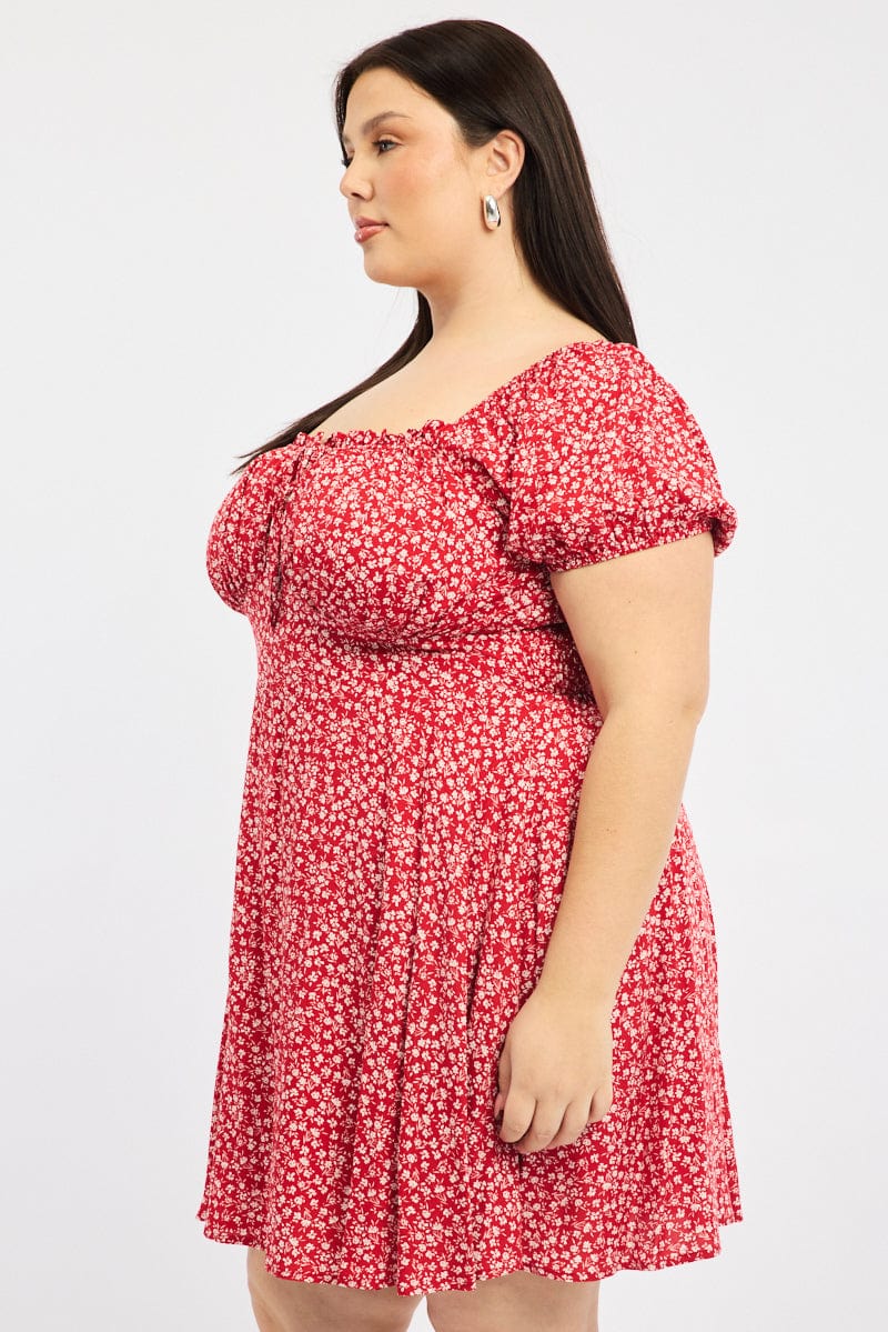 Red Ditsy Tie Front Sweetheart Neck Minidress - Image 3