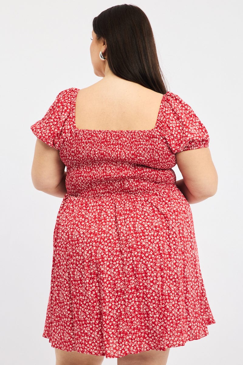 Red Ditsy Tie Front Sweetheart Neck Minidress - Image 4
