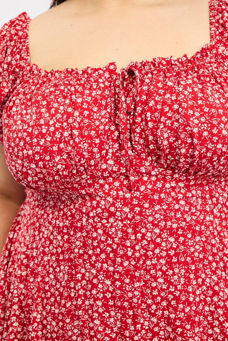 Red Ditsy Tie Front Sweetheart Neck Minidress - Image 5