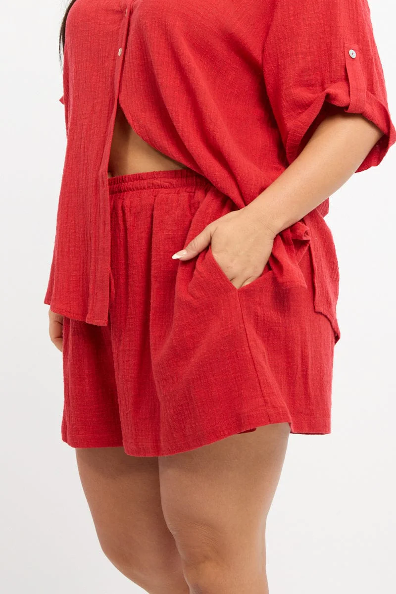 Red Elastic Waist Shorts - Image 3