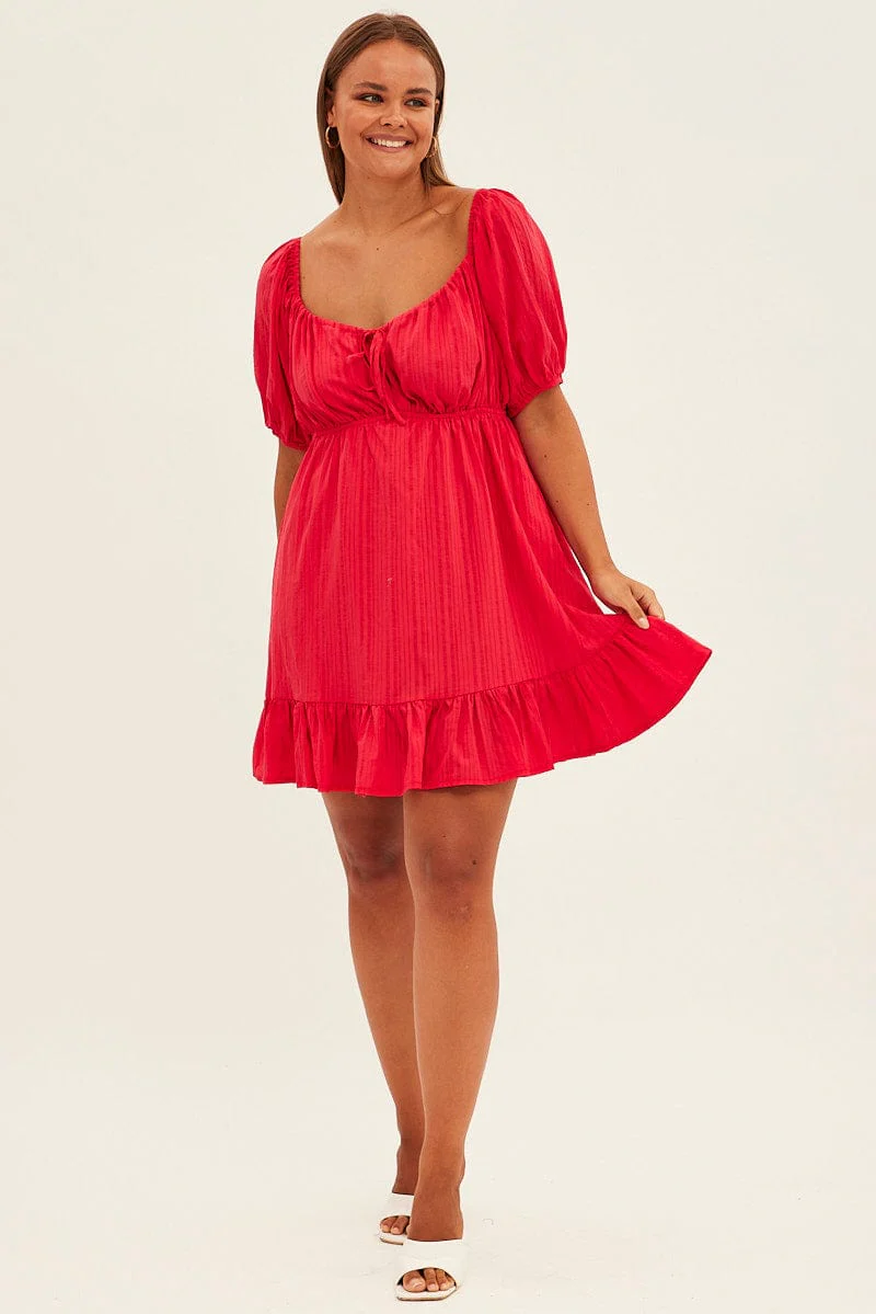 Red Fit And Flare Dress Short Sleeve Ruched Bust - Image 2