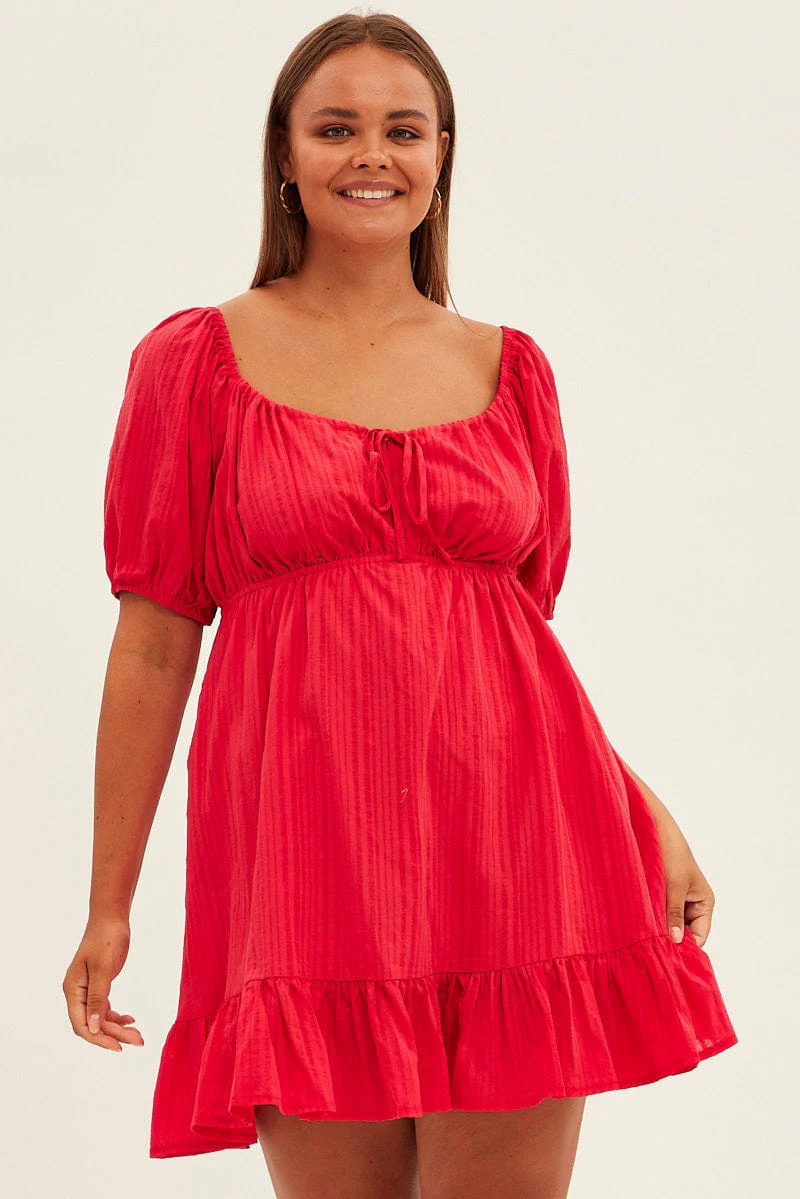Red Fit And Flare Dress Short Sleeve Ruched Bust - Image 3