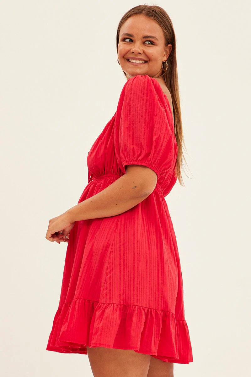 Red Fit And Flare Dress Short Sleeve Ruched Bust - Image 4