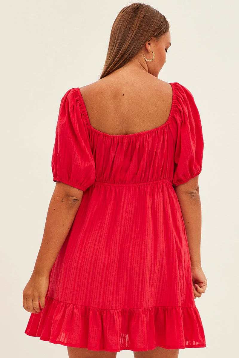 Red Fit And Flare Dress Short Sleeve Ruched Bust - Image 5