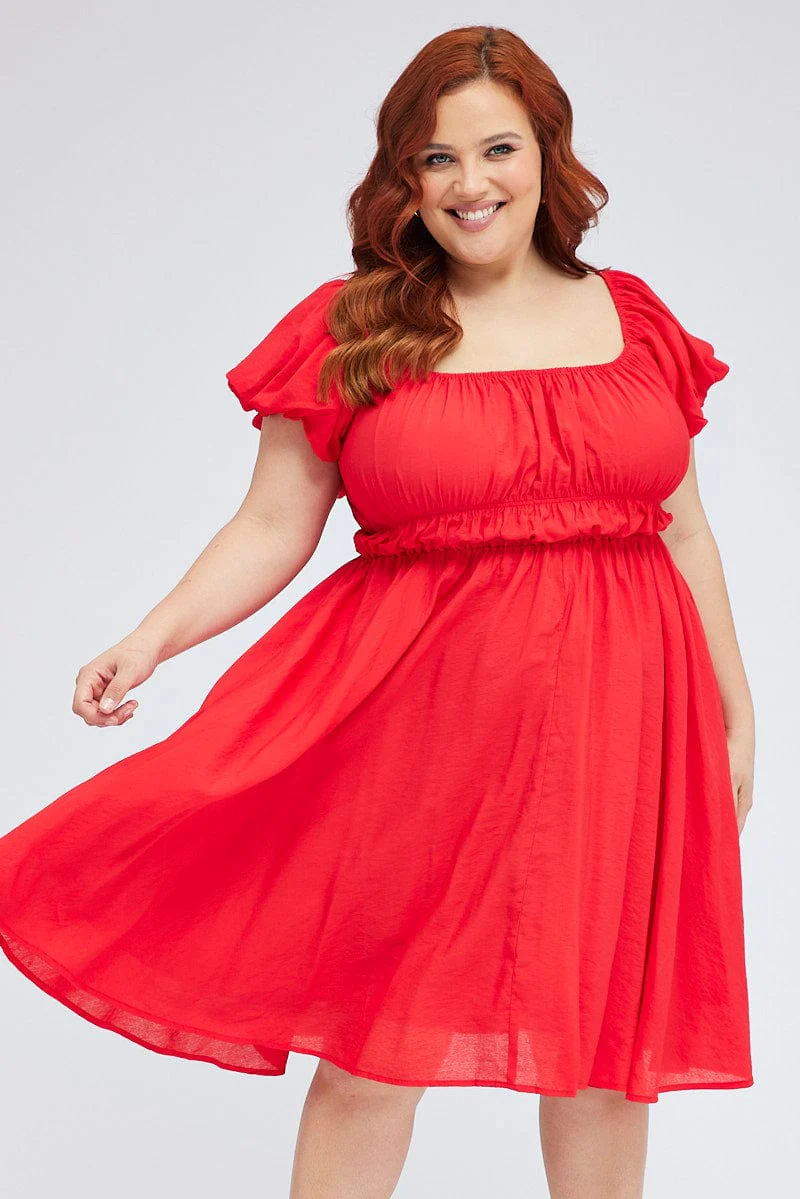 Red Fit And Flare Dress Short Sleeve Ruched - Image 3