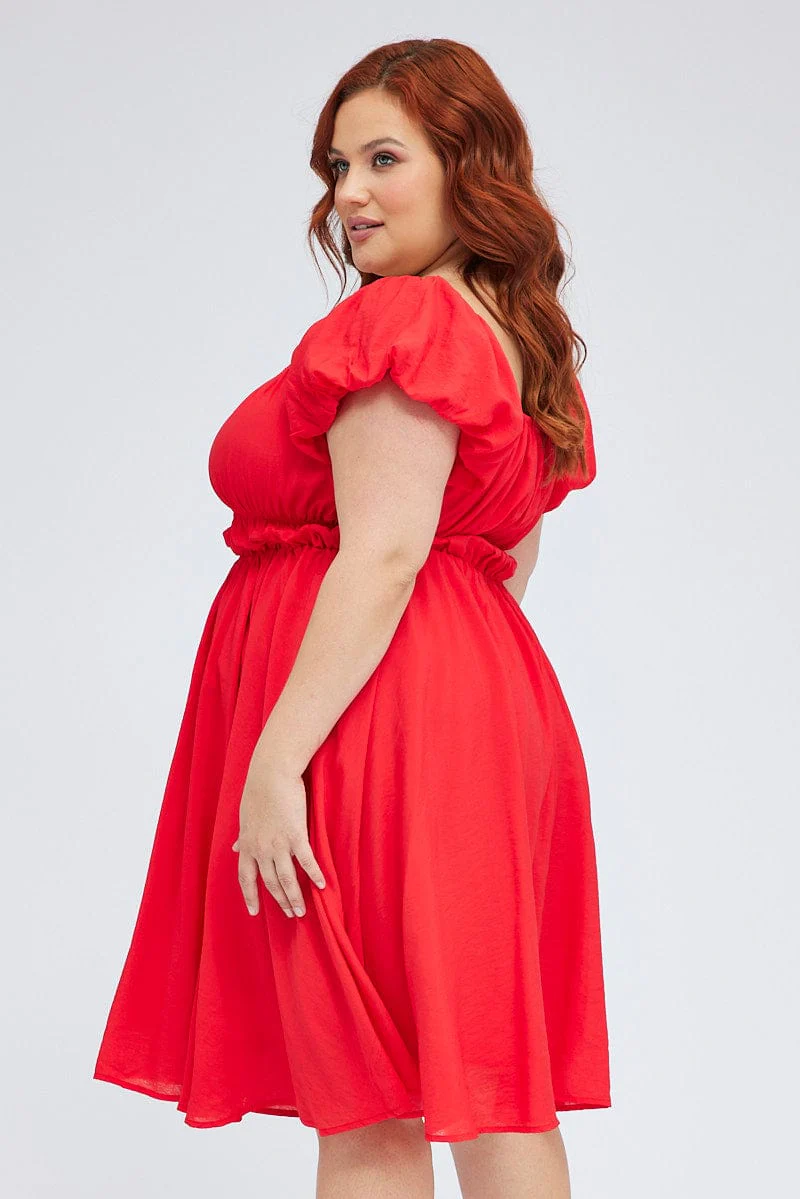 Red Fit And Flare Dress Short Sleeve Ruched - Image 4