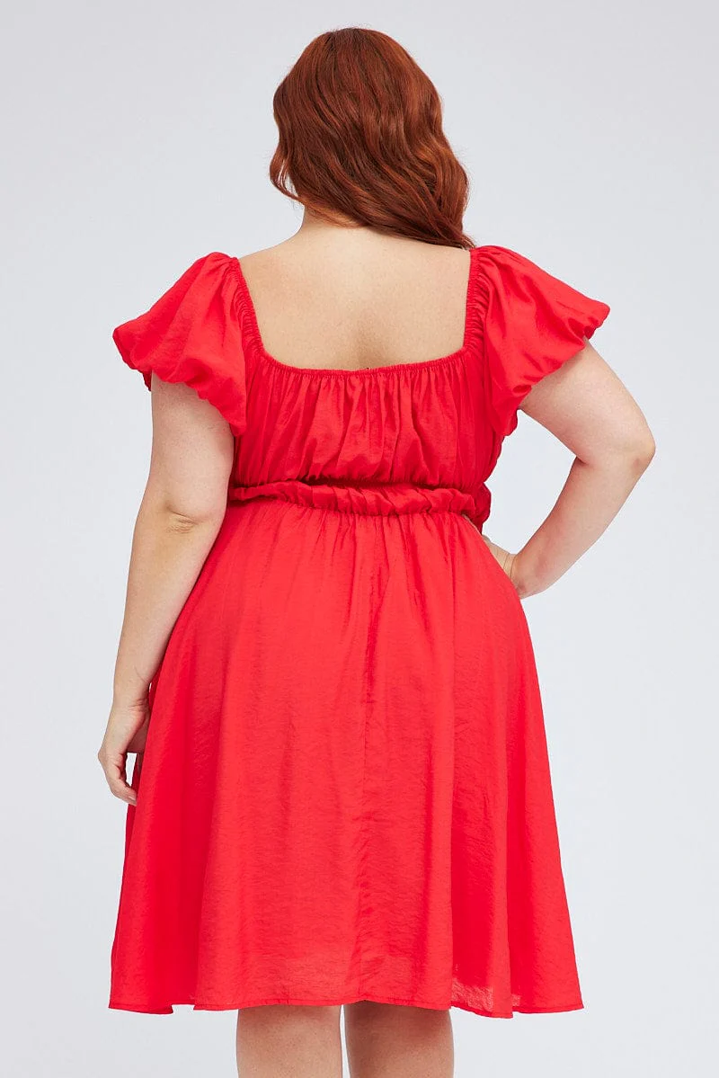 Red Fit And Flare Dress Short Sleeve Ruched - Image 5