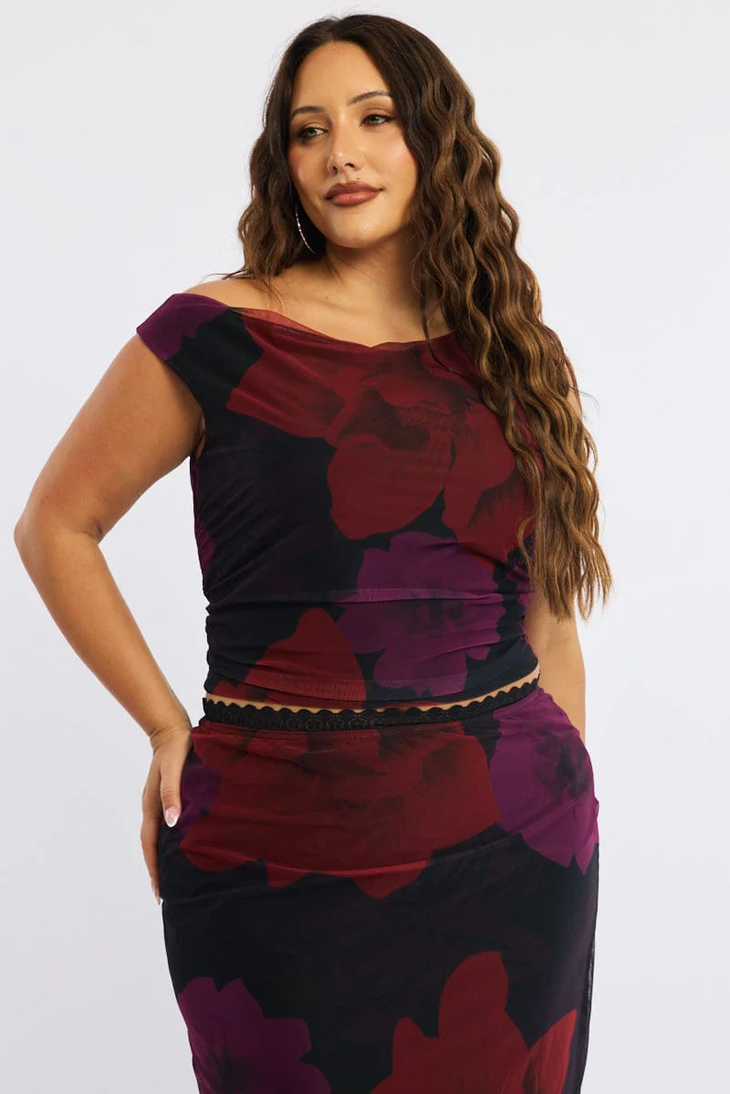 Red Floral Asymmetrical Top Sleeveless Mesh - Image 2