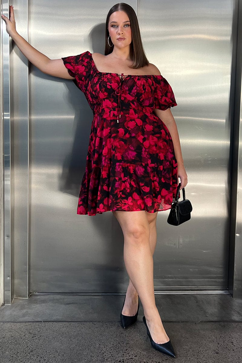 Red Floral Chiffon Blur Floral Sweetheart Flared Minidress