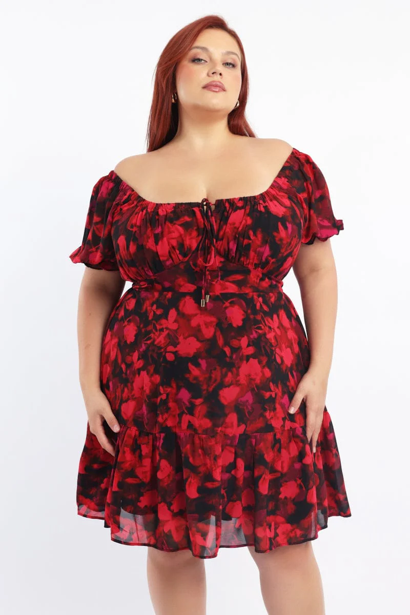 Red Floral Chiffon Blur Floral Sweetheart Flared Minidress - Image 2