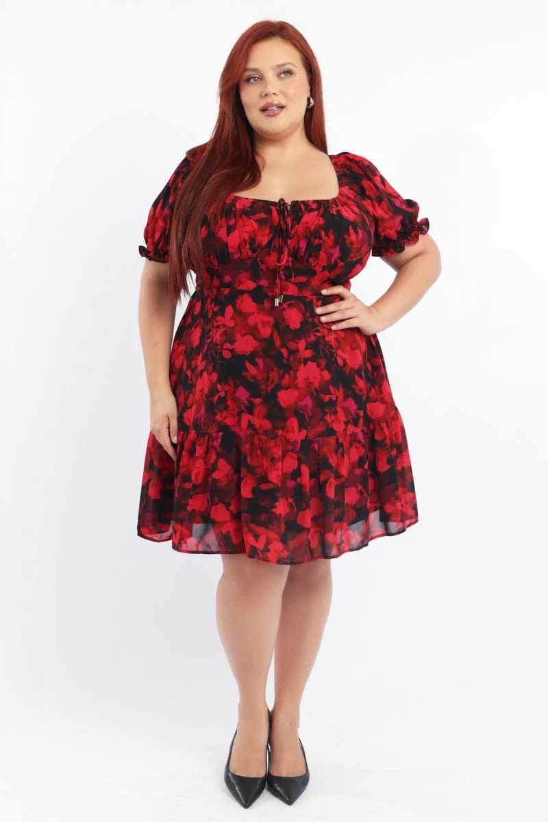 Red Floral Chiffon Blur Floral Sweetheart Flared Minidress - Image 3