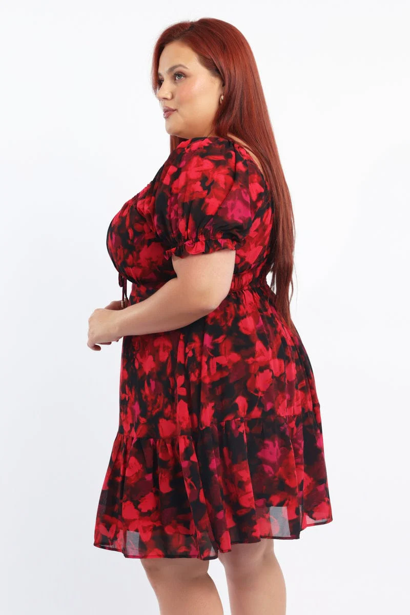 Red Floral Chiffon Blur Floral Sweetheart Flared Minidress - Image 4