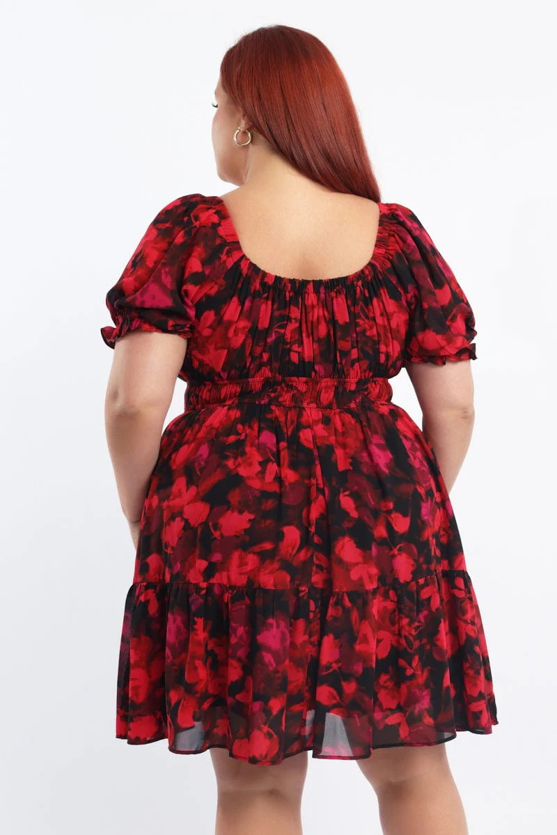 Red Floral Chiffon Blur Floral Sweetheart Flared Minidress - Image 5
