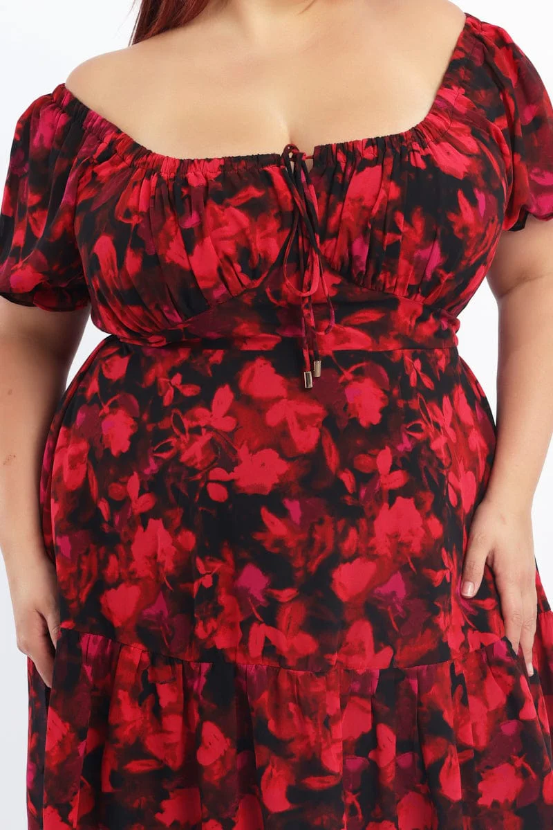 Red Floral Chiffon Blur Floral Sweetheart Flared Minidress - Image 6