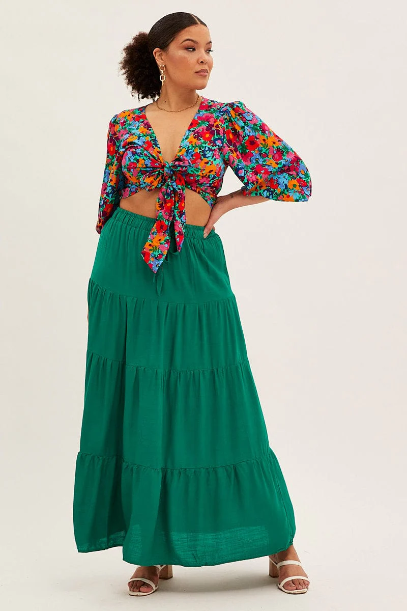 Red Floral Crop Top Short Sleeve Tie Front - Image 2