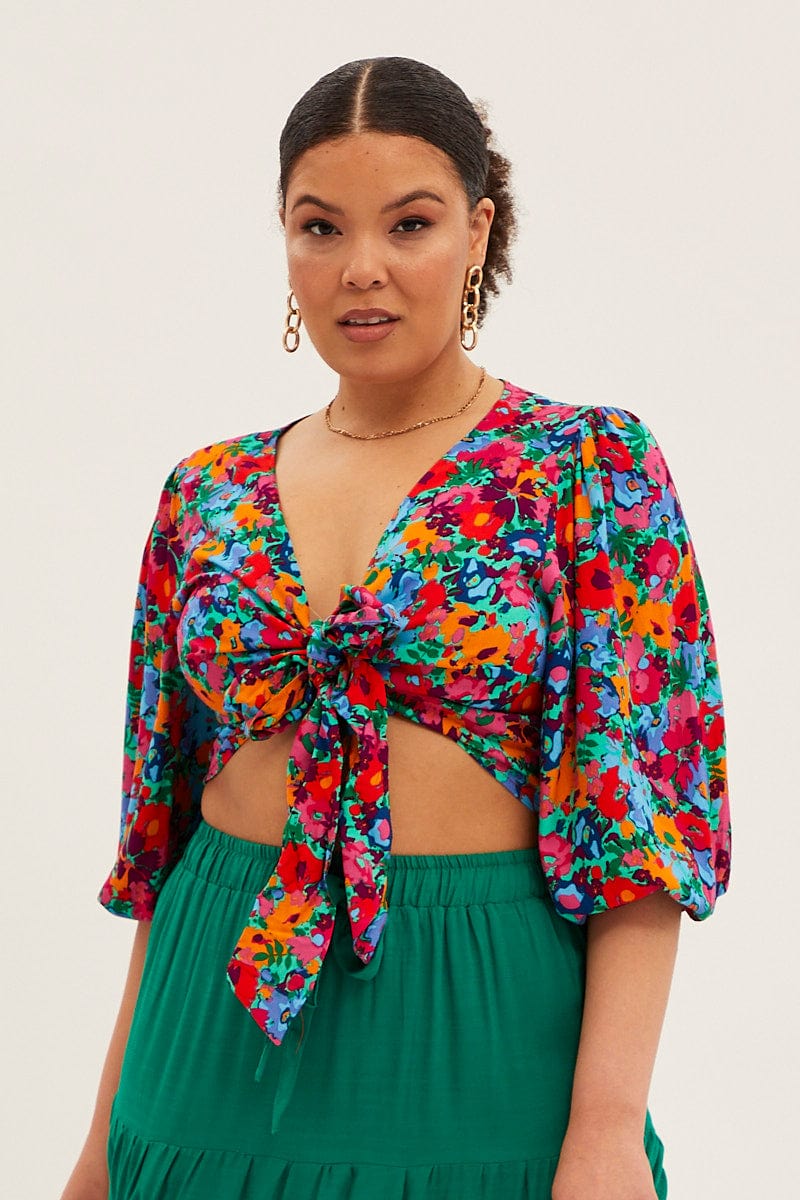 Red Floral Crop Top Short Sleeve Tie Front - Image 3