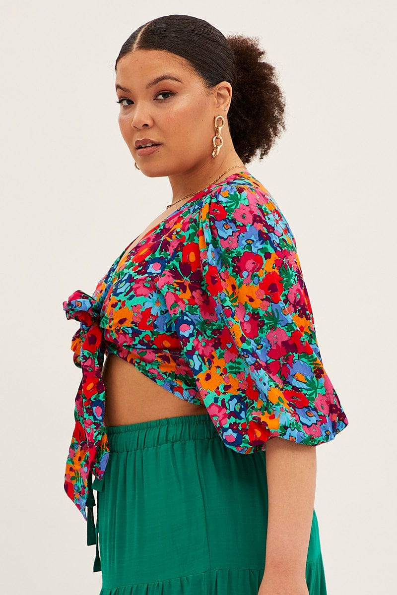 Red Floral Crop Top Short Sleeve Tie Front - Image 4