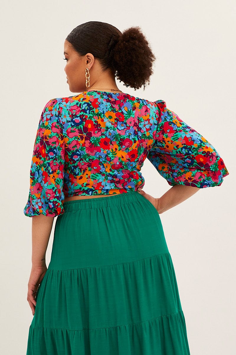 Red Floral Crop Top Short Sleeve Tie Front - Image 5