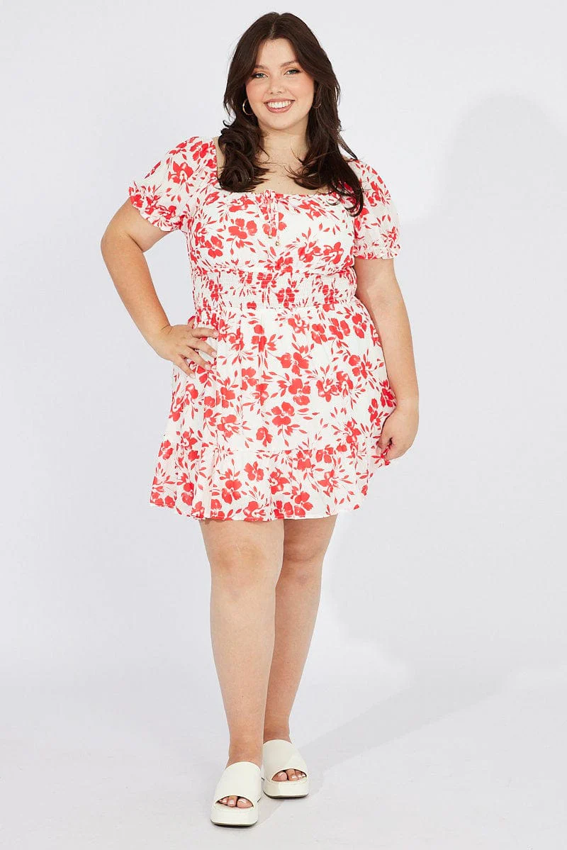Red Floral Fit And Flare Dress Short Sleeve Ruched Bust - Image 2