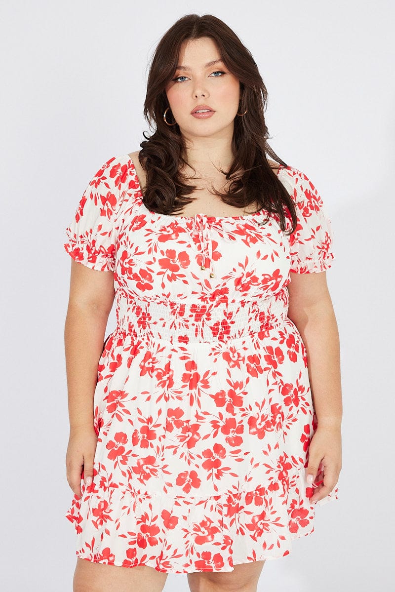 Red Floral Fit And Flare Dress Short Sleeve Ruched Bust - Image 3