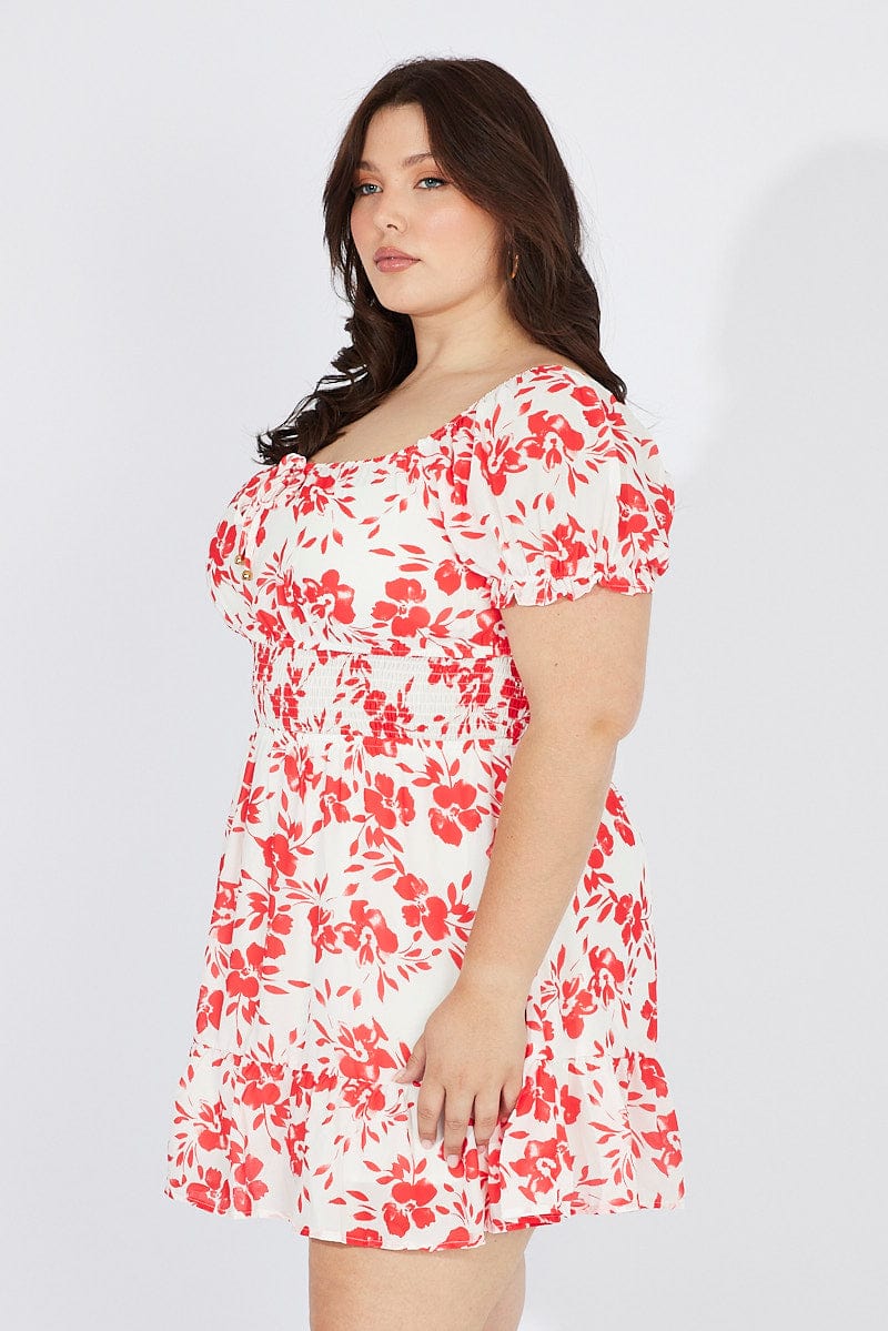 Red Floral Fit And Flare Dress Short Sleeve Ruched Bust - Image 4
