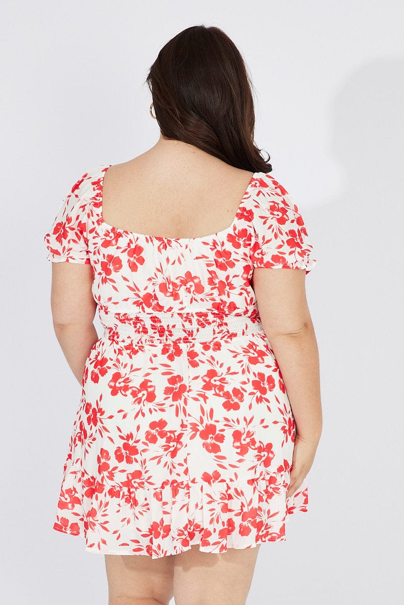 Red Floral Fit And Flare Dress Short Sleeve Ruched Bust - Image 5