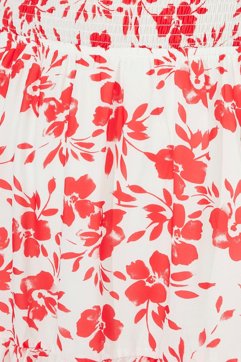 Red Floral Fit And Flare Dress Short Sleeve Ruched Bust - Image 6