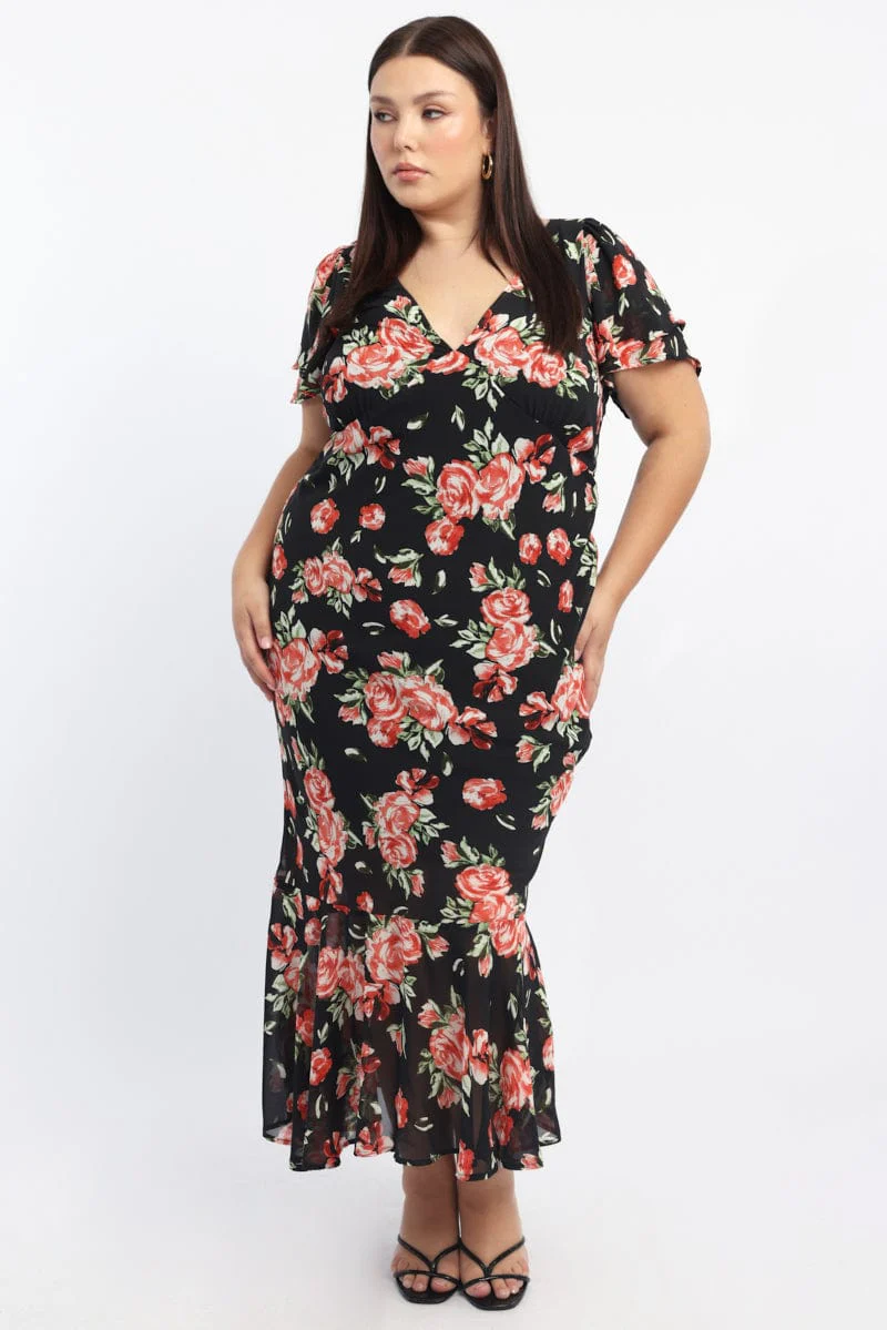 Red Floral Maxi Dress Short Sleeve Chiffon Ruffle - Image 2